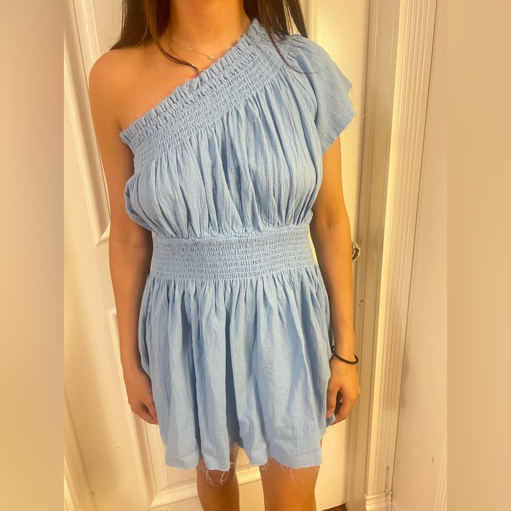 Off the shoulder blue mini dress